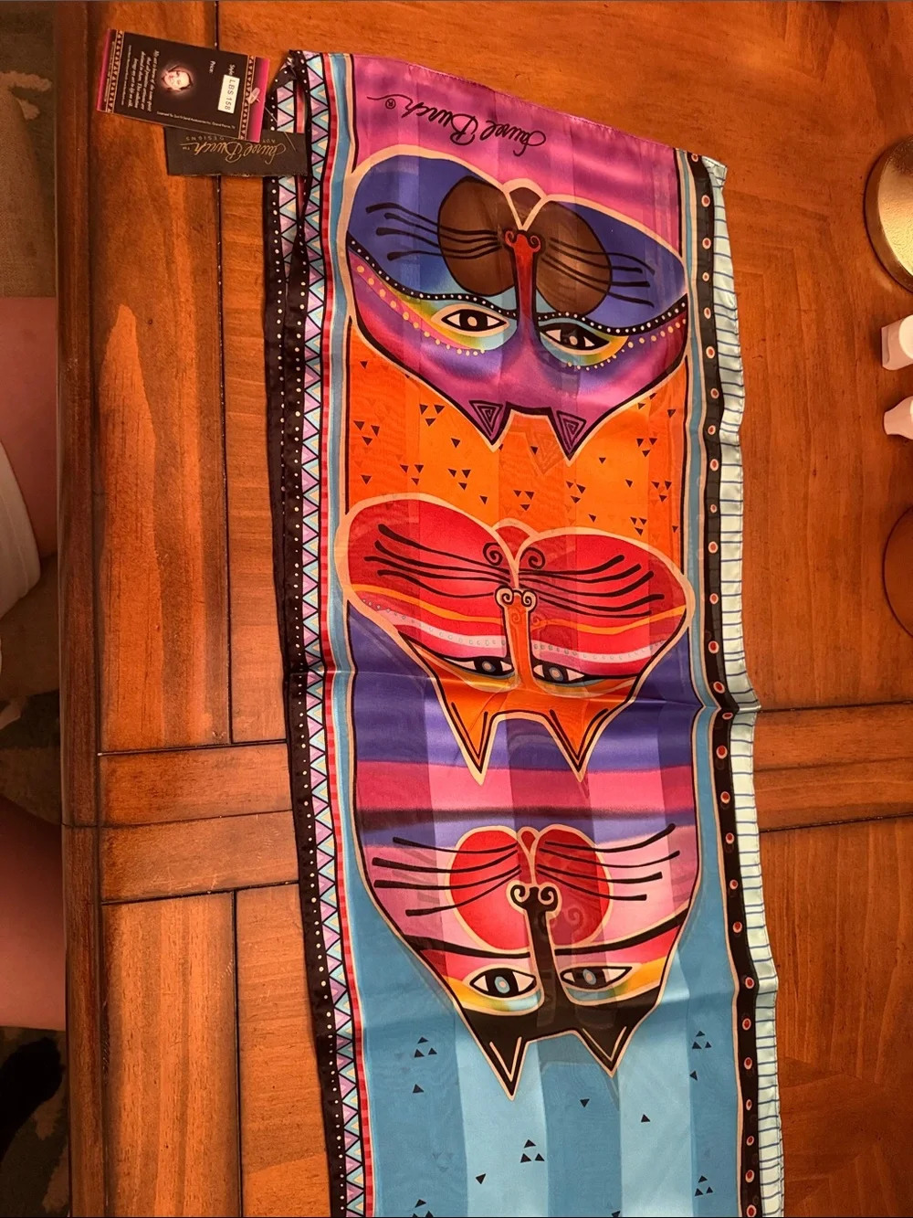 Laurel Burch Vintage 100% silk Colorful Cat Scarf “Fat Cats” print 54x12 New